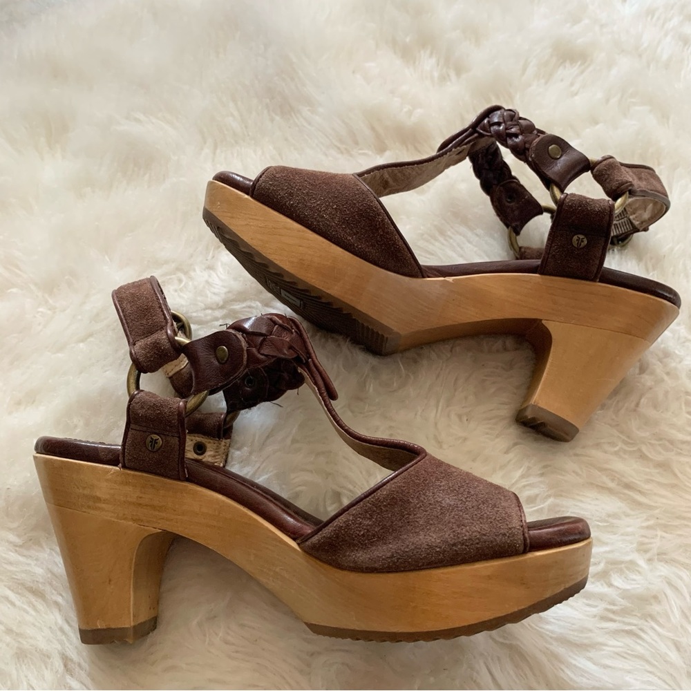 Frye Dark Brown Sued Heeled Braided Sandals Wooden Genuine Leather